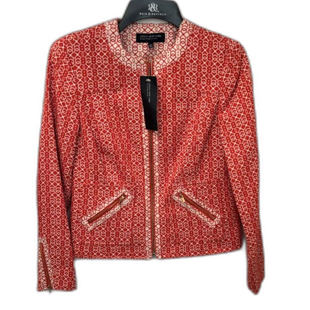 Jones New York Signature Petite Blazer 2P Red White Print Zip Front NWT - Picture 2 of 12